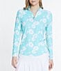 Color:Turquoise - Image 1 - Floral Printed Quarter Zip Long Sleeve Top
