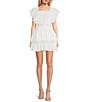 Color:White - Image 1 - Lace Square Neck Short Flutter Sleeve Tiered Mini Dress