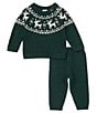 Color:Green - Image 3 - Baby Boy 3-24 Months Round Neck Long Sleeve Fair Isle Sweater & Pants Set