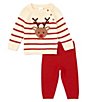 Color:Red - Image 2 - Baby Boy 3-24 Months Round Neck Long Sleeve Reindeer Sweater & Pants Set