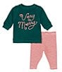 Color:Green - Image 3 - Baby Girls Newborn-24 Months Very Merry Long Sleeve Top & Stripe Leggings Set