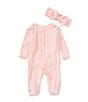 Starting Out Baby Girls Preemie-9 Months Long Sleeve Ruffle Footie Coverall & Matching Bow Headband Set, Color:Pink - Image 1