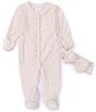 Color:Blush/White - Image 1 - Baby Girls Stripe Preemie-9 Months Long Sleeve Ruffle Footie Coverall & Matching Bow Headband Set