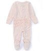 Color:Blush/White - Image 2 - Baby Girls Stripe Preemie-9 Months Long Sleeve Ruffle Footie Coverall & Matching Bow Headband Set