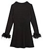 Color:Black - Image 1 - Big Girls 7-16 Long Sleeve Faux-Feather-Trimmed Rib-Knit Sheath Dress