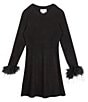 Color:Black - Image 2 - Big Girls 7-16 Long Sleeve Faux-Feather-Trimmed Rib-Knit Sheath Dress