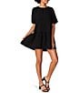 Color:Black - Image 1 - Abrah Textured Cotton Crew Neck Short Sleeve Mini Dress