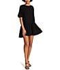 Color:Black - Image 3 - Abrah Textured Cotton Crew Neck Short Sleeve Mini Dress