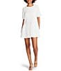 Color:White - Image 1 - Abrah Textured Cotton Crew Neck Short Sleeve Mini Dress