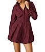 Steve Madden Arielle Striped Print Point Collar Long Sleeve Corset Waist Bubble Hem Mini Dress, Color:Wine - Image 1