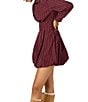 Steve Madden Arielle Striped Print Point Collar Long Sleeve Corset Waist Bubble Hem Mini Dress, Color:Wine - Image 3