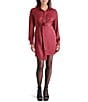 Color:Wine - Image 1 - Barcelona Washed Satin Point Collar Long Sleeve Shirt Dress