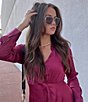 Color:Wine - Image 6 - Barcelona Washed Satin Point Collar Long Sleeve Shirt Dress