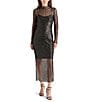 Color:Black - Image 1 - Blakley Sequin Mesh Mock Neck Long Sleeve Side Slit Midi Dress