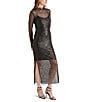 Color:Black - Image 3 - Blakley Sequin Mesh Mock Neck Long Sleeve Side Slit Midi Dress