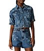 Steve Madden Blu Distressed Floral Collared Short Sleeve Coordinating Denim Trucker Jacket - Image 1