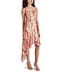 Color:Multi - Image 1 - Calla Print Mesh Ruffle Cowl Neck Sleeveless Asymmetrical Hem Midi Dress