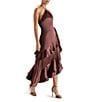 Steve Madden Caspia Solid Satin Halter Neck Asymmetrical Ruffle Midi Dress, Color:Bitter Chocolate - Image 2