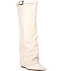 Color:Bone - Image 1 - Corenne Leather Foldover Buckle Strap Tall Wedge Boots