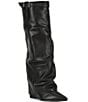 Color:Black - Image 1 - Corenne Leather Foldover Buckle Strap Tall Wedge Boots