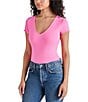 Color:Punch Pink - Image 1 - Erica V Neck Short Sleeve Bodysuit