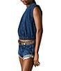 Steve Madden Leila Scoop Neck Cap Sleeve Elastic Hem Denim Crop Top, Color:Dark Blue - Image 3