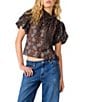 Steve Madden Lolanie Floral Printed Bow Tie High Neck Short Bubble Sleeve Top - Image 1
