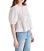 Steve Madden Paula Eyelet Crew Neck Short Sleeve Tie Front Top, Color:White - Image 3