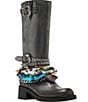 Color:Black Distressed - Image 1 - Rebel Chain Buckle Distressed Leather Scarf Detail Tall Moto Boots