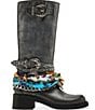 Color:Black Distressed - Image 2 - Rebel Chain Buckle Distressed Leather Scarf Detail Tall Moto Boots