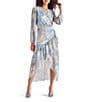 Steve Madden Renata Lurex Chiffon Printed V Neck Long Sleeve High Low Midi Dress, Color:Multi - Image 1