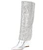 Color:Silver - Image 4 - Riski Metallic Leather Rhinestone Foldover Tall Wedge Boots