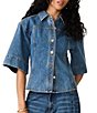 Steve Madden Savy Collared Elbow Sleeve Button Front Denim Top - Image 1