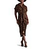 Steve Madden Tori Satin Leopard Print Point Collar Short Kimono Cuff Sleeve Ruched Front Asymmetrical Hem Midi Shirt Dress, Color:Toffee - Image 1