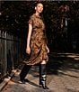 Steve Madden Tori Satin Leopard Print Point Collar Short Kimono Cuff Sleeve Ruched Front Asymmetrical Hem Midi Shirt Dress, Color:Toffee - Image 4