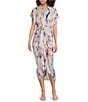 Steve Madden Tori Watercolor Print Point Collar Short Kimono Cuff Sleeve Ruched Front Asymmetrical Hem Midi Shirt Dress, Color:Multi - Image 1