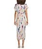 Steve Madden Tori Watercolor Print Point Collar Short Kimono Cuff Sleeve Ruched Front Asymmetrical Hem Midi Shirt Dress, Color:Multi - Image 2