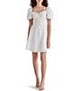 Color:White - Image 1 - Violeta Eyelet Lace Up Sweetheart Neck Short Puff Sleeve A-Line Mini Dress
