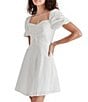 Color:White - Image 3 - Violeta Eyelet Lace Up Sweetheart Neck Short Puff Sleeve A-Line Mini Dress