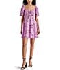 Color:Purple - Image 1 - Violeta Floral Print Sweetheart Neck Short Sleeve Mini Dress