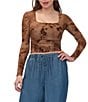Stevie By Steve Madden Flocked Mesh Tie Dye Square Neck Ruched Side Long Sleeve Top - Image 1