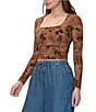 Stevie By Steve Madden Flocked Mesh Tie Dye Square Neck Ruched Side Long Sleeve Top - Image 3