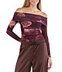 Stevie By Steve Madden Mesh Floral Printed Off-The-Shoulder Ruched Long Sleeve Top - Image 1