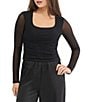 Stevie by Steve Madden Rhinestone Embellished Mesh Square Neck Long Sleeve Ruched Top - Image 1