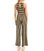 Color:Olive/Cream - Image 2 - Scoop Neck Sleeveless Stripe Print Jumpsuit