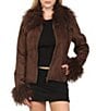 Stoosh Faux Suede & Fur Collared Long Sleeve Fitted Zip Front Jacket - Image 1