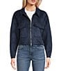 Stoosh Faux Suede Collared Zip Front Flap Pocket Cropped Jacket, Color:Dark Navy - Image 3