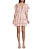 Storia Floral Patch Print Deep V-Neck Flutter Sleeve Open Back Tiered Ruffle Dress, Color:Pink Multi - Image 1
