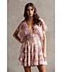 Storia Floral Patch Print Deep V-Neck Flutter Sleeve Open Back Tiered Ruffle Dress, Color:Pink Multi - Image 4