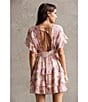 Storia Floral Patch Print Deep V-Neck Flutter Sleeve Open Back Tiered Ruffle Dress, Color:Pink Multi - Image 5